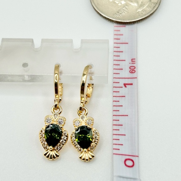 Gold and Green Owl Drop Earrings with Gemstone Halo-New! - Picture 2 of 4